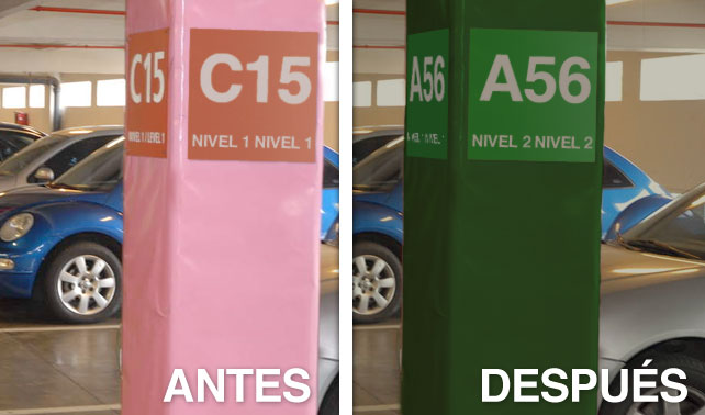 Columna de estacionamiento se cambia de color y número para joder a conductor