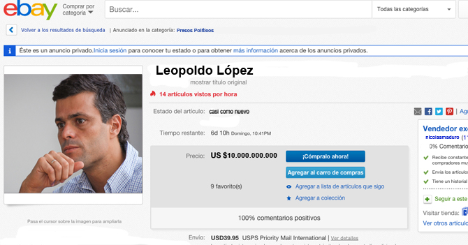 Anuncian venta de Leopoldo López por eBay