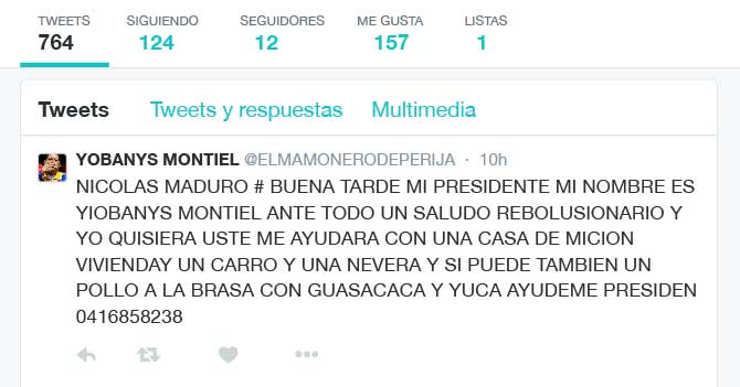 Chavista aprovecha 280 caracteres de Twitter para pedirle más cosas a Maduro