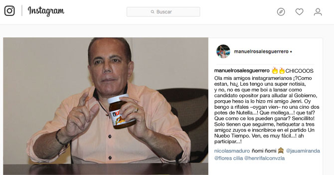 Manuel Rosales rifa potes de Nutella en Instagram e igual no aumenta popularidad