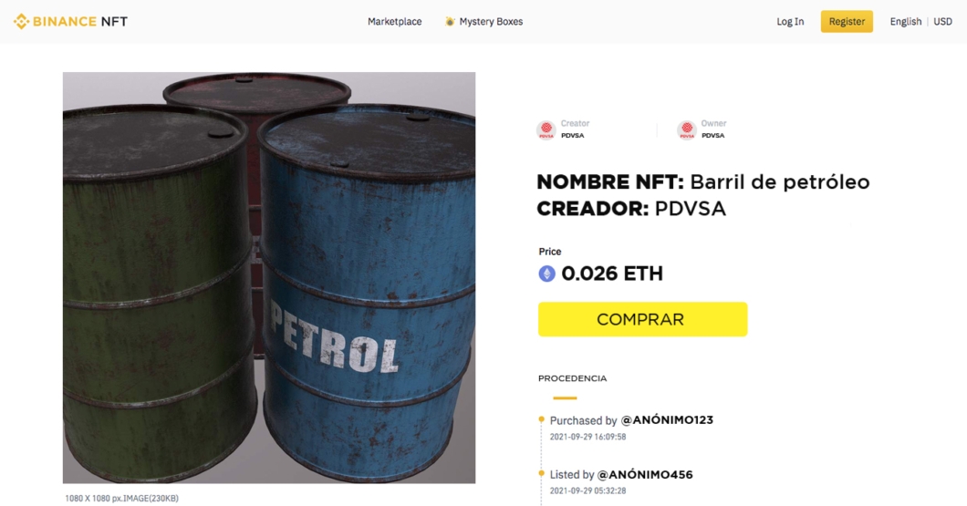 PDVSA pone a la venta petróleo NFT