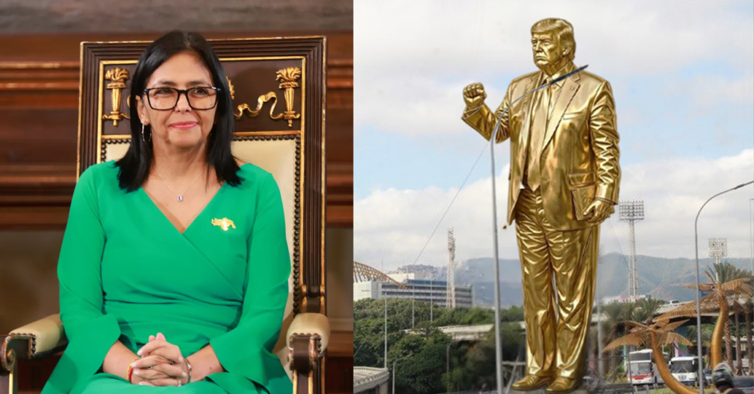 Delcy asegura que estatua de Trump en la autopista es parte de su plan para liberar a Maduro